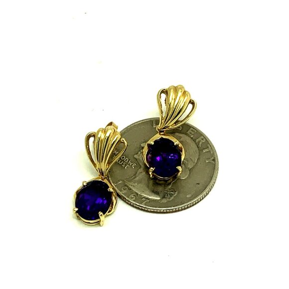 14k Yellow Gold Oval Purple Gemstone Women's Dangle Earrings Estate Jewelry - Picture 10 of 14